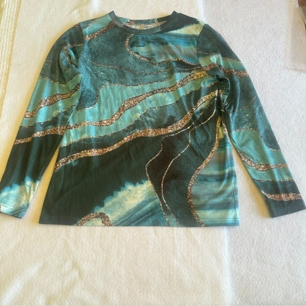 Y2K Exclusive Marble Top Womens Medium Teal Blue Geode Long Sleeve Glitter Shirt